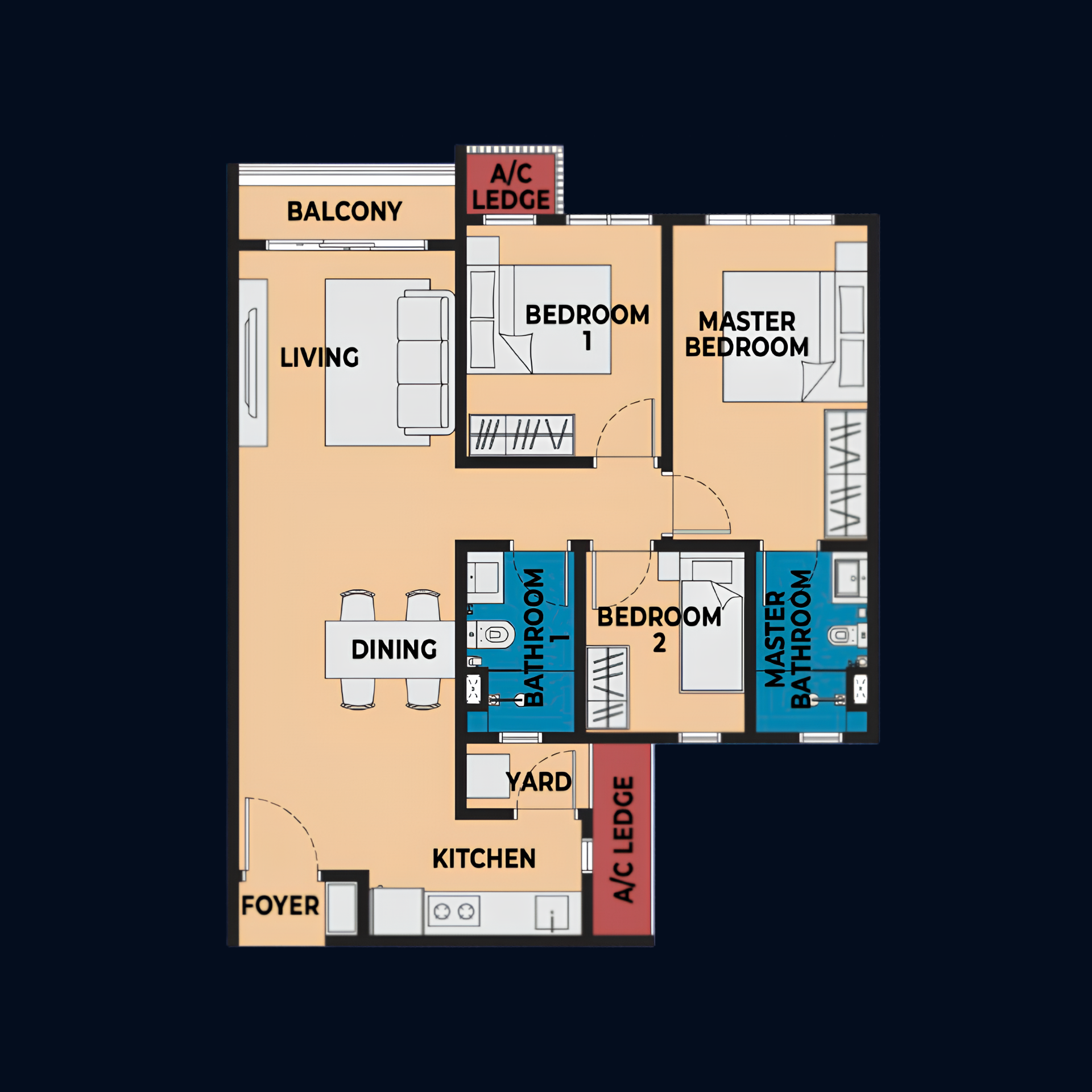 Type E (with or without balcony) 850 sqft floor plan