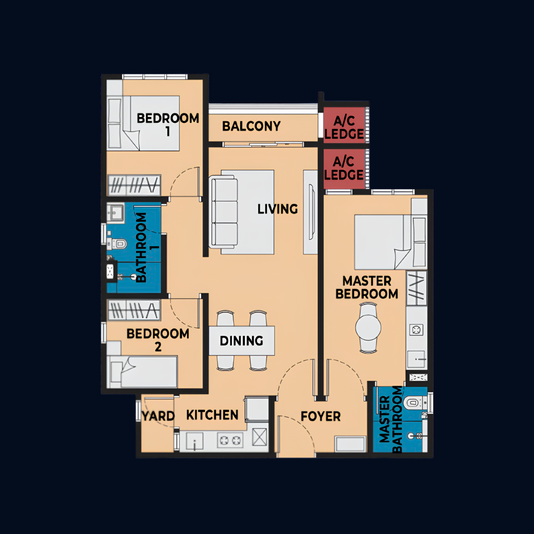 Type F (with or without balcony) 850 sqft floor plan