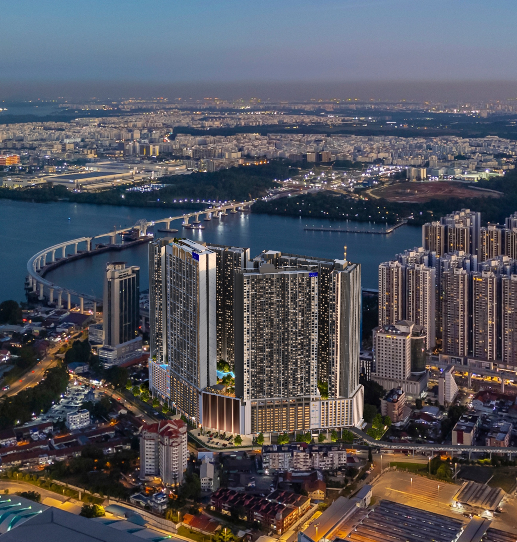 Causewayz Square aerial view in Johor Bahru with view towards Singapore